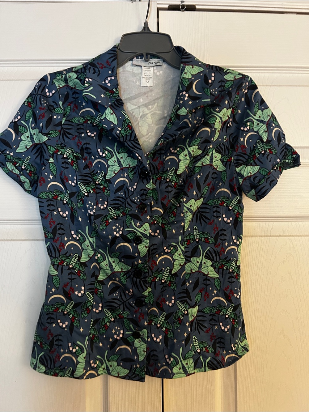 Printed Navy Button-Down Shirt with Green Leaf and moth Motif